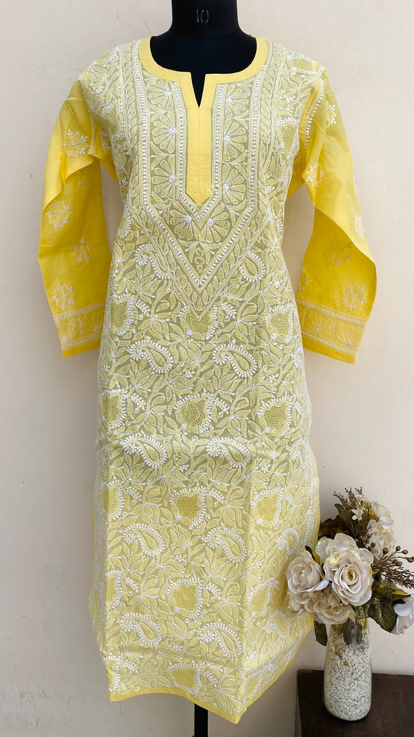 Lucknowi Chikankari Kurti Yellow Cotton With Jaali Work