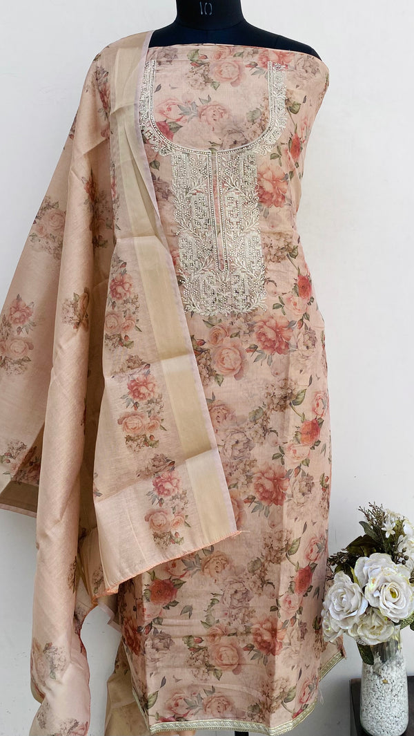 Designer Embroidered Suit Length 3 Piece Peach Mal Chanderi With Stone Work