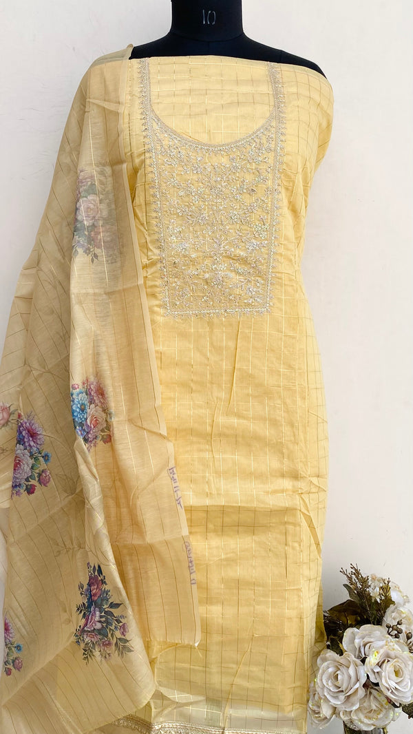 Designer Embroidered Suit Length 3 Piece Beige Mal Chanderi With Sequence Work