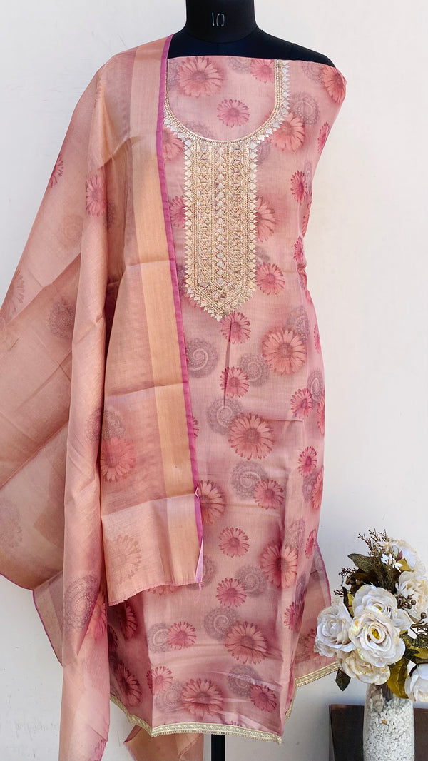 Designer Embroidered Suit Length 3 Piece Pink Mal Chanderi With Stone Work