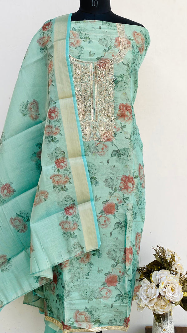 Designer Embroidered Suit Length 3 Piece Green Mal Chanderi With Stone Work