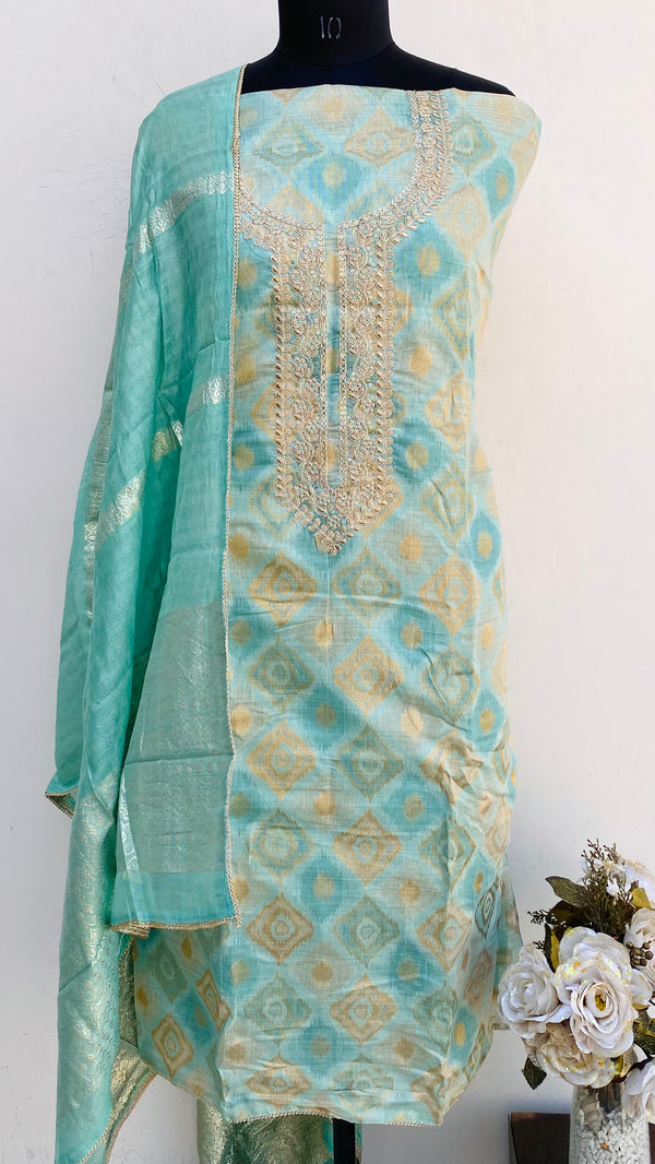 Designer Embroidered Suit Length 3 Piece Green Mal Chanderi With Sequence Work