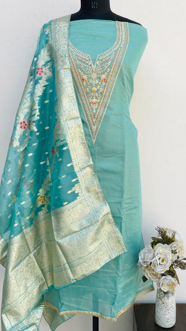 Designer Embroidered Suit Length 3 Piece Green Mal Chanderi With Sequence Work