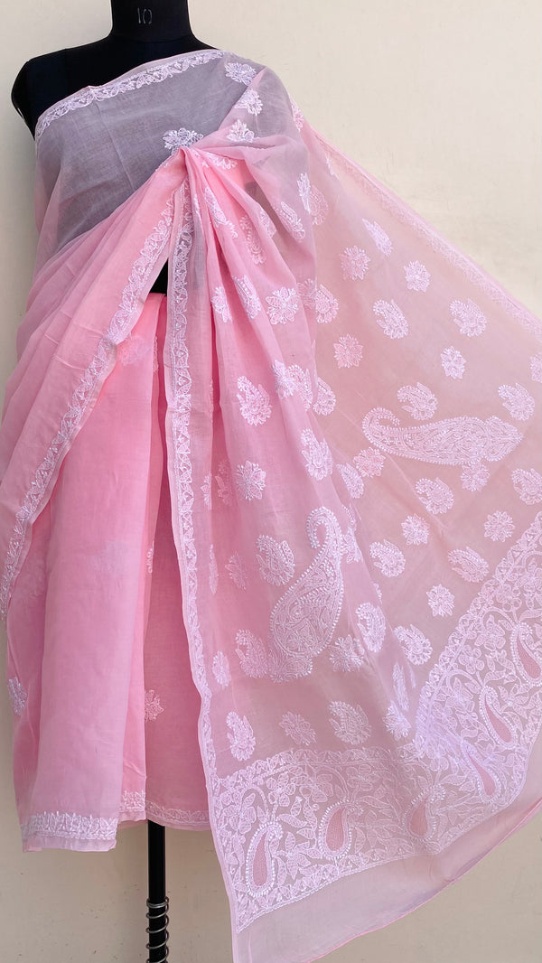 Lucknowi Chikankari Saree Pink Cotton With Jaali Work