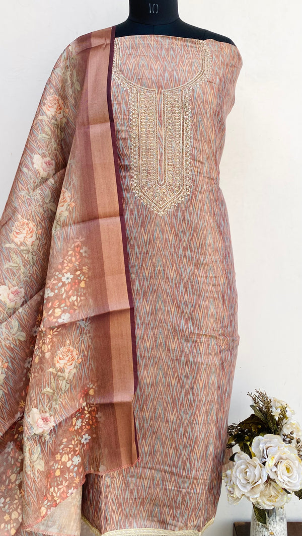Designer Embroidered Suit Length 3 Piece Brown Mal Chanderi With Stone Work