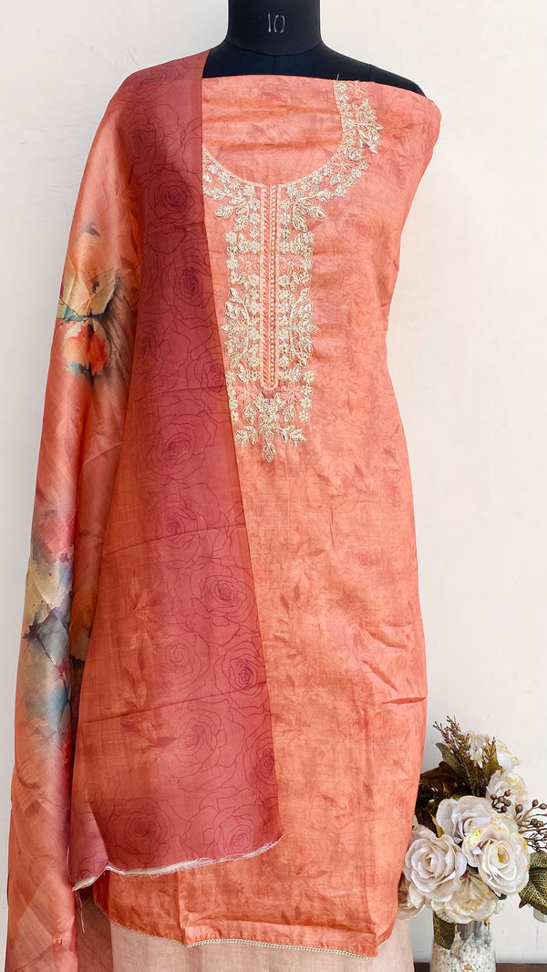 Designer Embroidered Suit Length 3 Piece Copper Mal Chanderi With Sequence Work