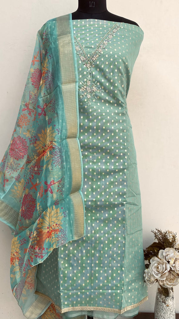 Designer Embroidered Suit Length 3 Piece Green Mal Chanderi With Pearl & Cutdana Work
