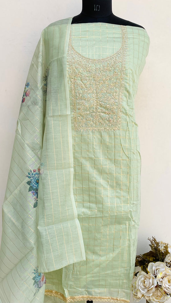 Designer Embroidered Suit Length 3 Piece Green Mal Chanderi With Sequence Work