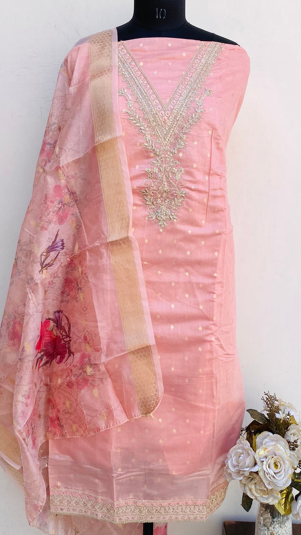 Designer Embroidered Suit Length 3 Piece Pink Mal Chanderi With Sequence Work