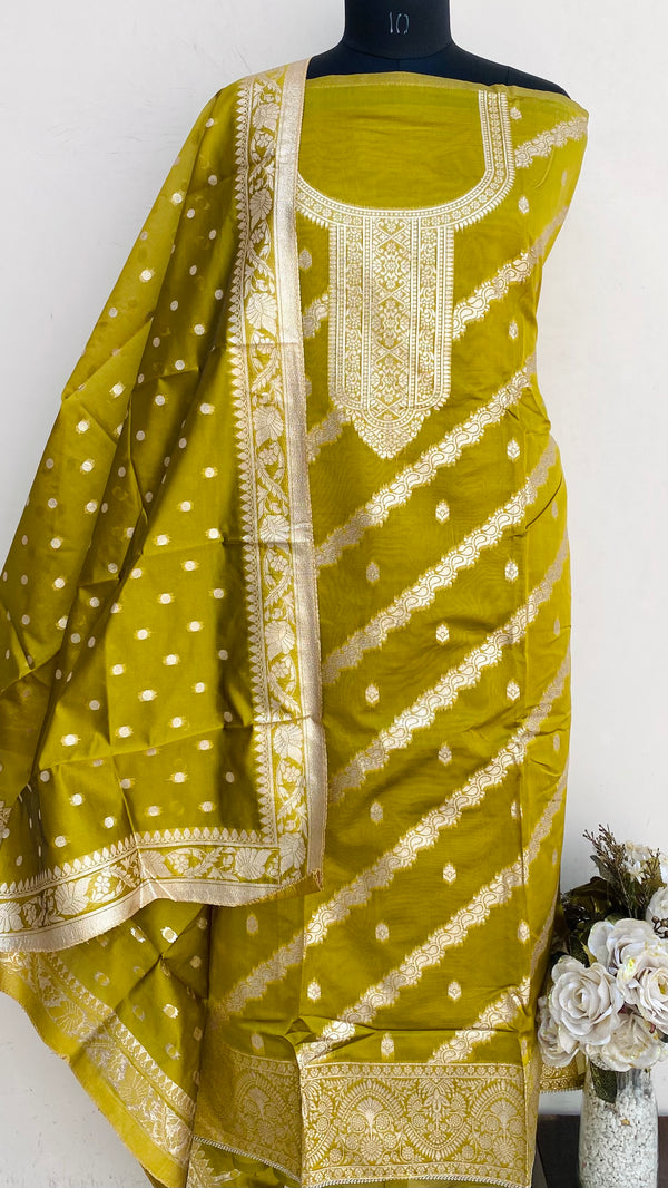 Designer Embroidered Suit Length 3 Piece Mehndi Green Mal Chanderi