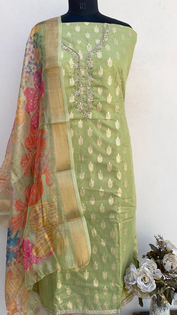 Designer Embroidered Suit Length 3 Piece Green Mal Chanderi With Pearl, Sequence & Cutdana Work
