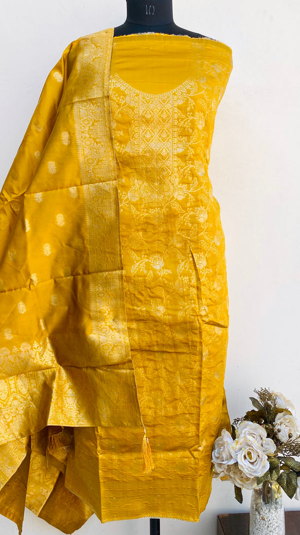 Designer Embroidered Suit Length 3 Piece Mustard Mal Chanderi