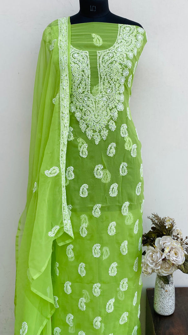 Lucknowi Chikankari Suit Length 3 Piece Parrot Green Georgette