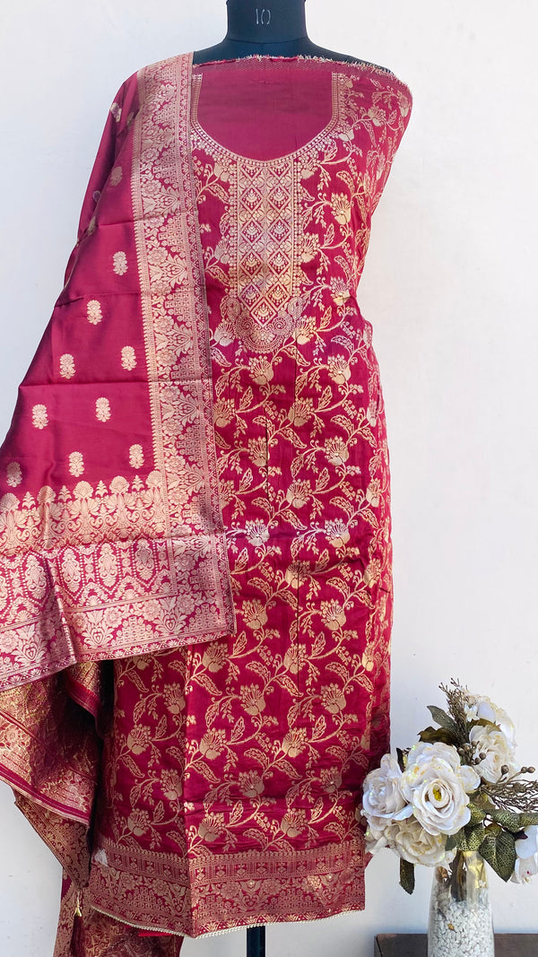 Designer Embroidered Suit Length 3 Piece Maroon Mal Chanderi