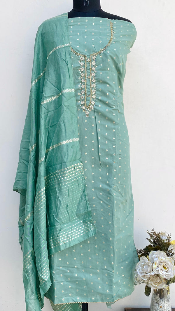 Designer Embroidered Suit Length 3 Piece Green Mal Chanderi With Pearl, Sequence & Cutdana Work