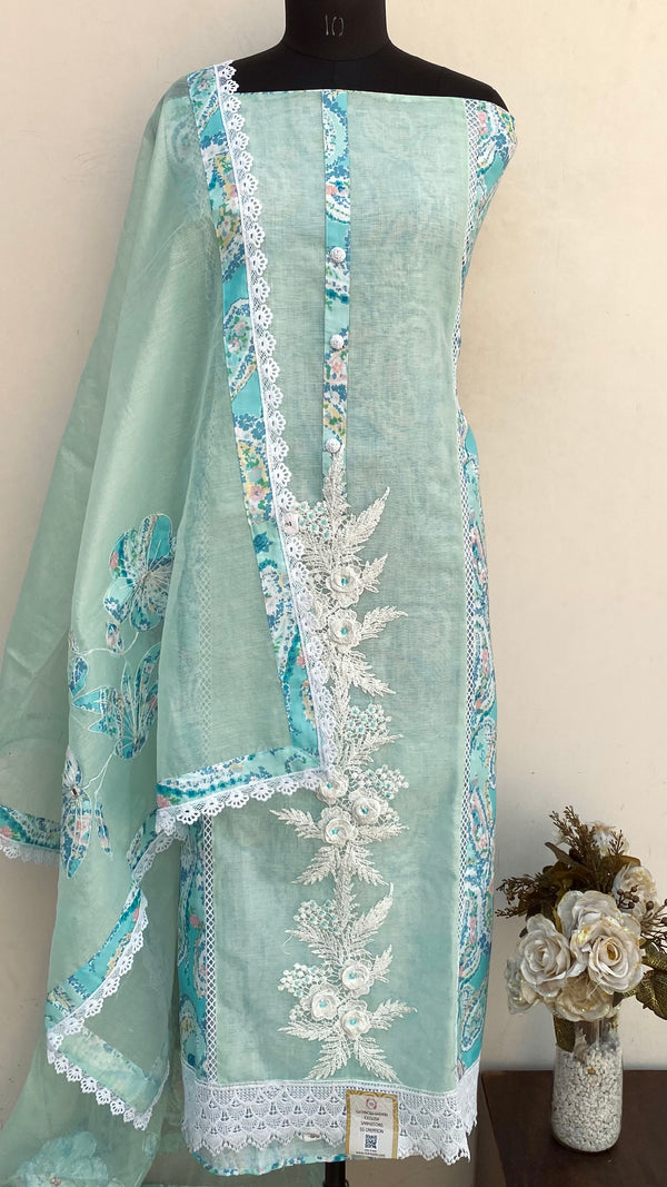 Designer Embroidered Suit Length 3 Piece Sea Green Linen