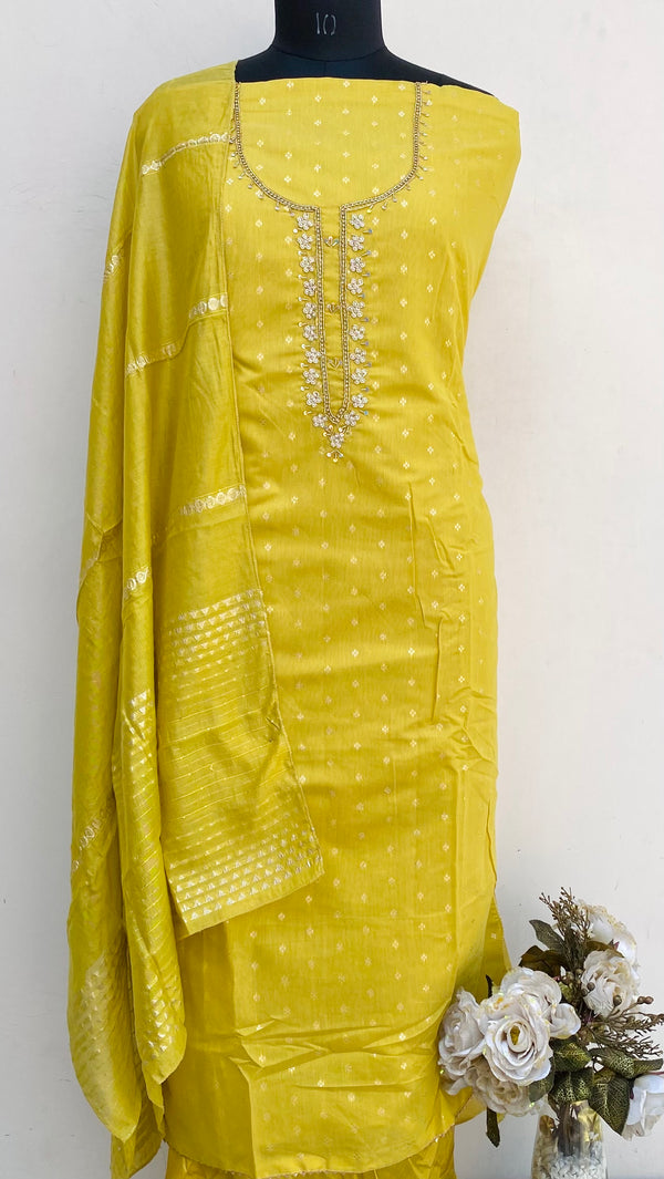 Designer Embroidered Suit Length 3 Piece Yellow Mal Chanderi With Pearl, Sequence & Cutdana Work