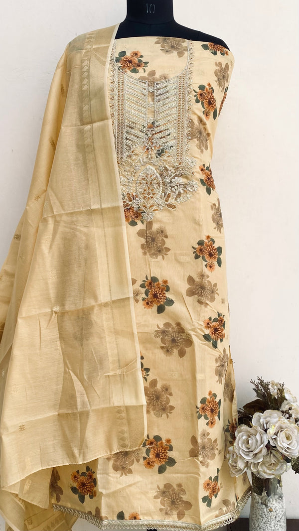 Designer Embroidered Suit Length 3 Piece Beige Mal Chanderi With Sequence Work