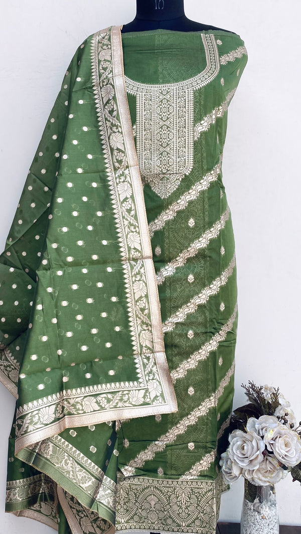 Designer Embroidered Suit Length 3 Piece Green Mal Chanderi