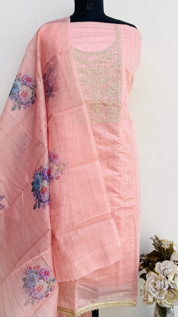Designer Embroidered Suit Length 3 Piece Pink Mal Chanderi With Sequence Work