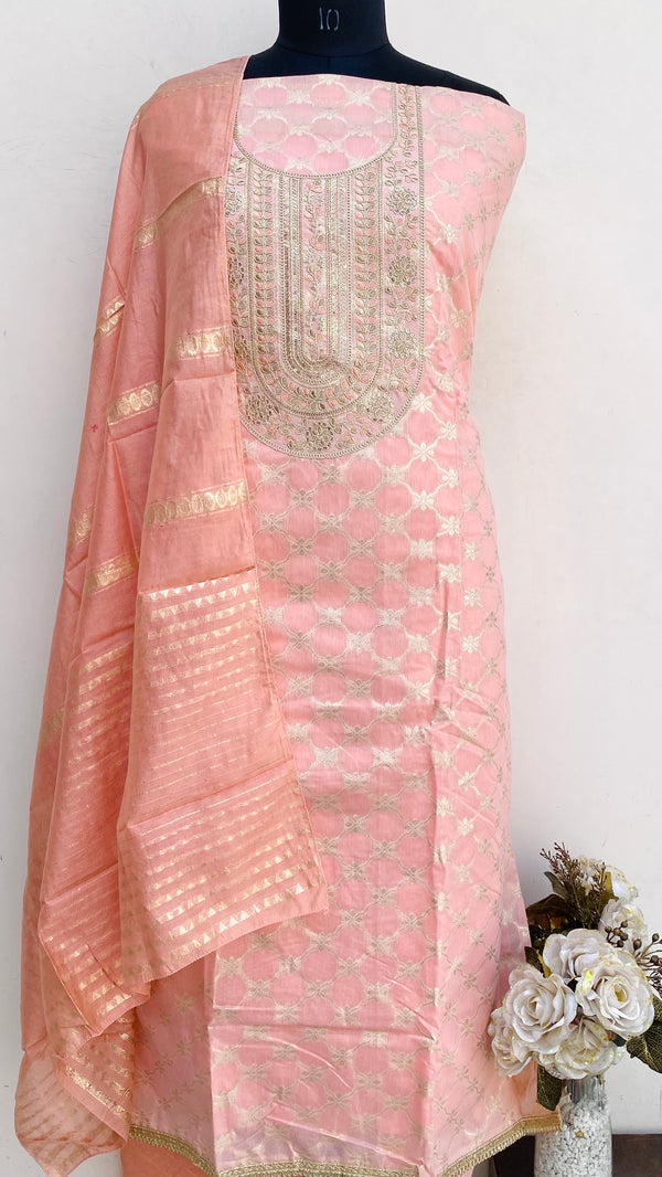 Designer Embroidered Suit Length 3 Piece Pink Mal Chanderi With Sequence Work