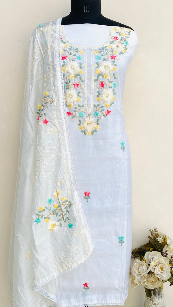 Designer Embroidered Suit Length 3 Piece White Muslin Cotton With Parsi & Sequence Work