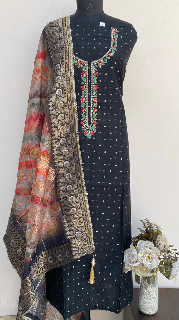 Designer Embroidered Suit Length 3 Piece Black Mal Chanderi With Pearl, Sequence & Cutdana Work