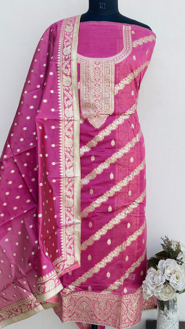 Designer Embroidered Suit Length 3 Piece Pink Mal Chanderi