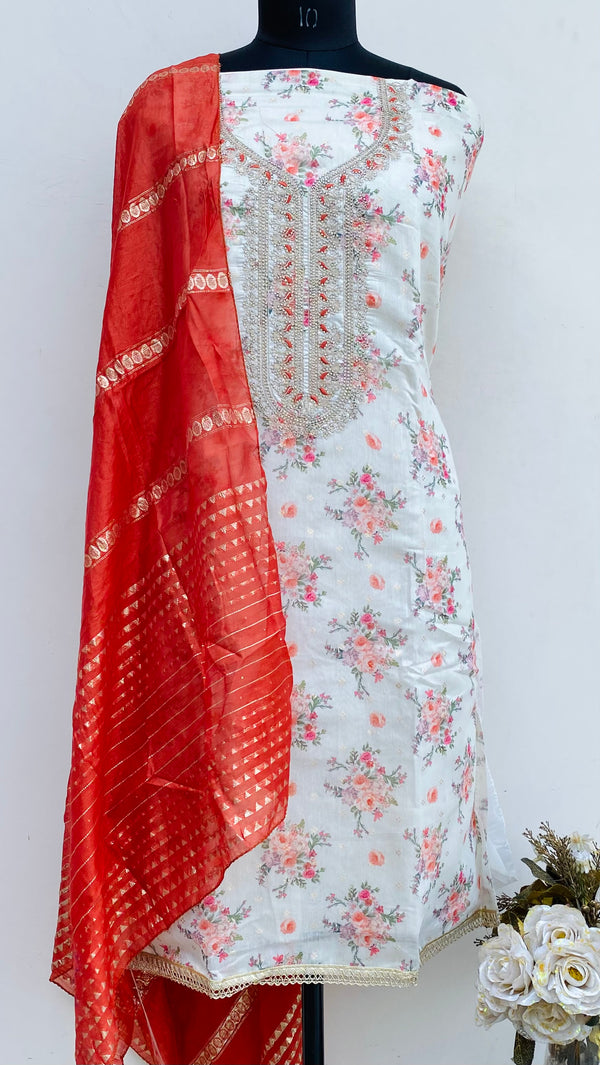 Designer Embroidered Suit Length 3 Piece Off White Mal Chanderi With Stone Work