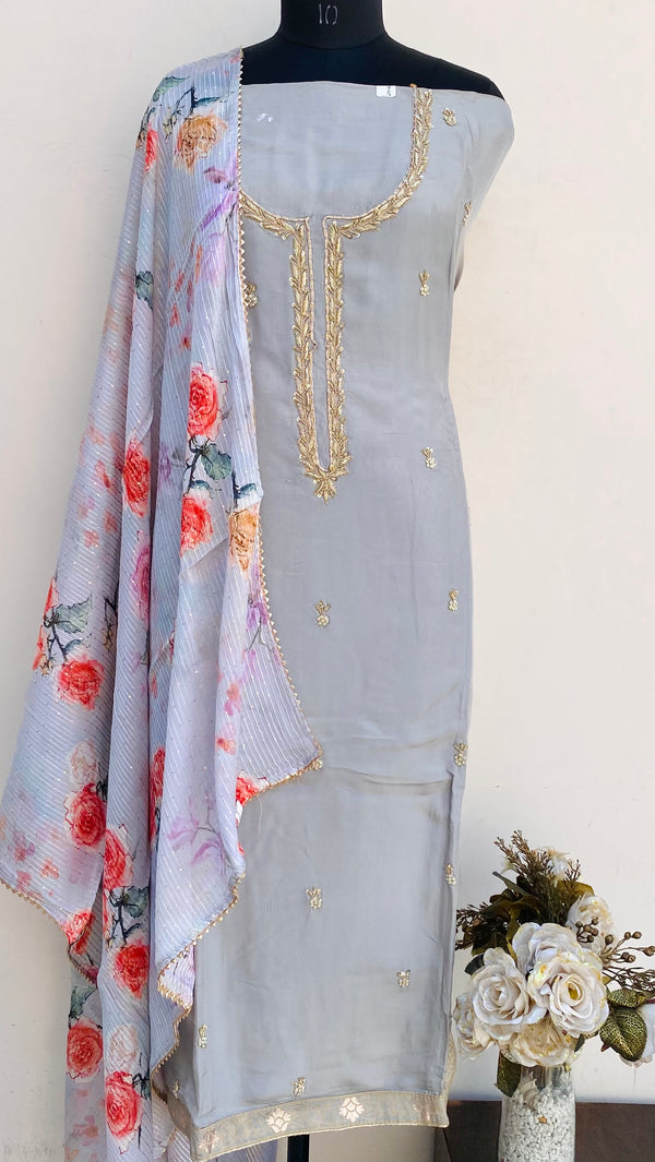 Designer Embroidered Suit Length 3 Piece Gray Muslin Cotton With Pearl & Sequence Work