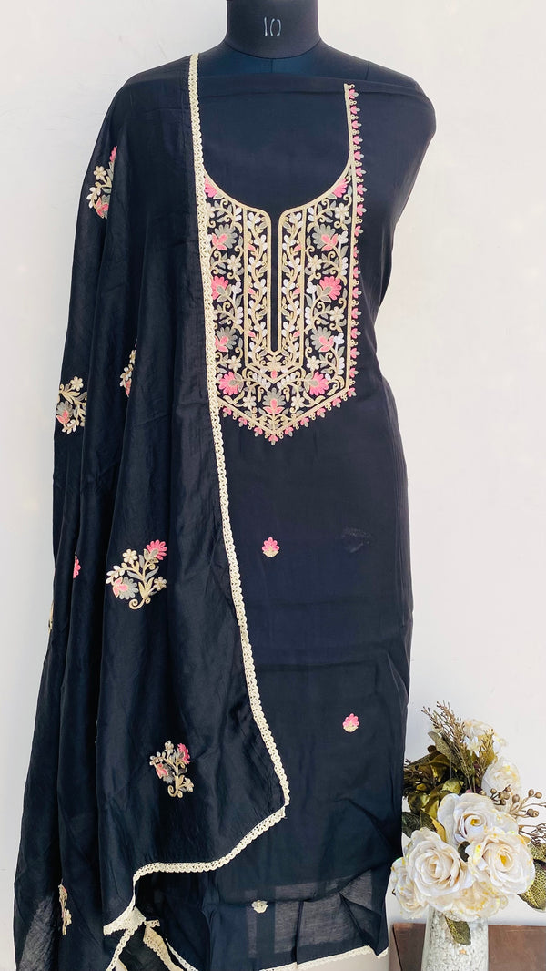 Designer Embroidered Suit Length 3 Piece Black Muslin Cotton