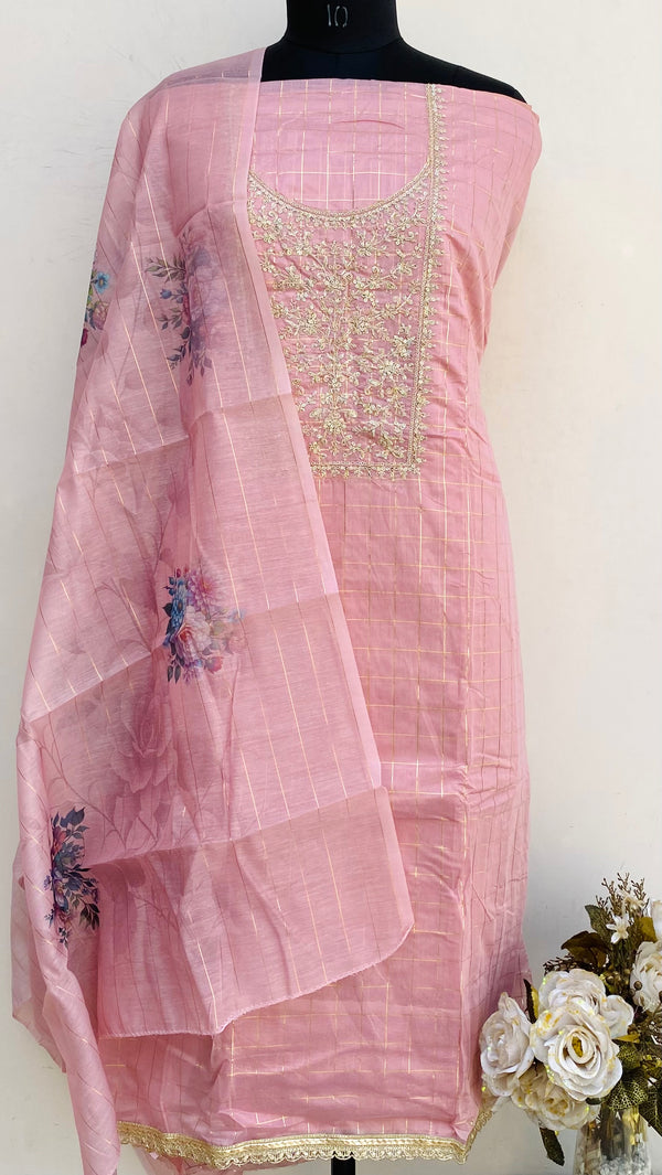 Designer Embroidered Suit Length 3 Piece Pink Mal Chanderi With Sequence Work