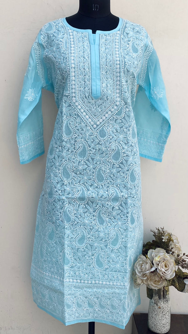 Lucknowi Chikankari Kurti Blue Cotton With Jaali Work