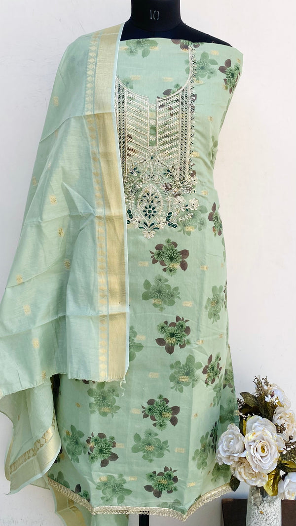 Designer Embroidered Suit Length 3 Piece Green Mal Chanderi With Sequence Work