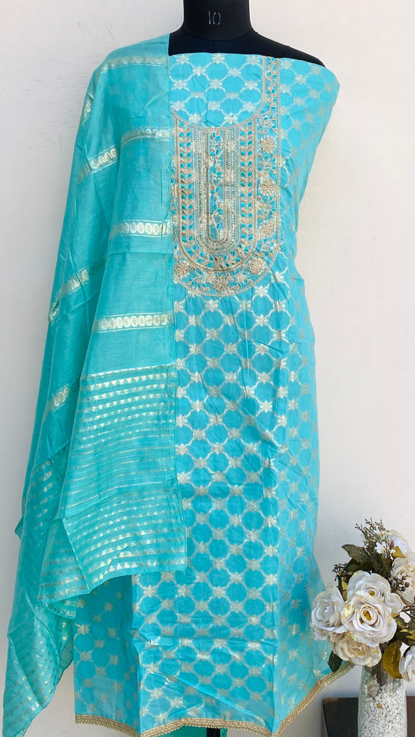 Designer Embroidered Suit Length 3 Piece Sea Green Mal Chanderi With Sequence Work