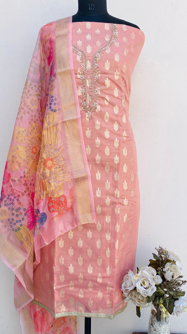 Designer Embroidered Suit Length 3 Piece Pink Mal Chanderi With Pearl, Sequence & Cutdana Work