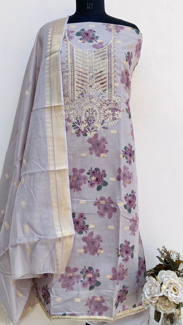 Designer Embroidered Suit Length 3 Piece Gray Mal Chanderi With Sequence Work