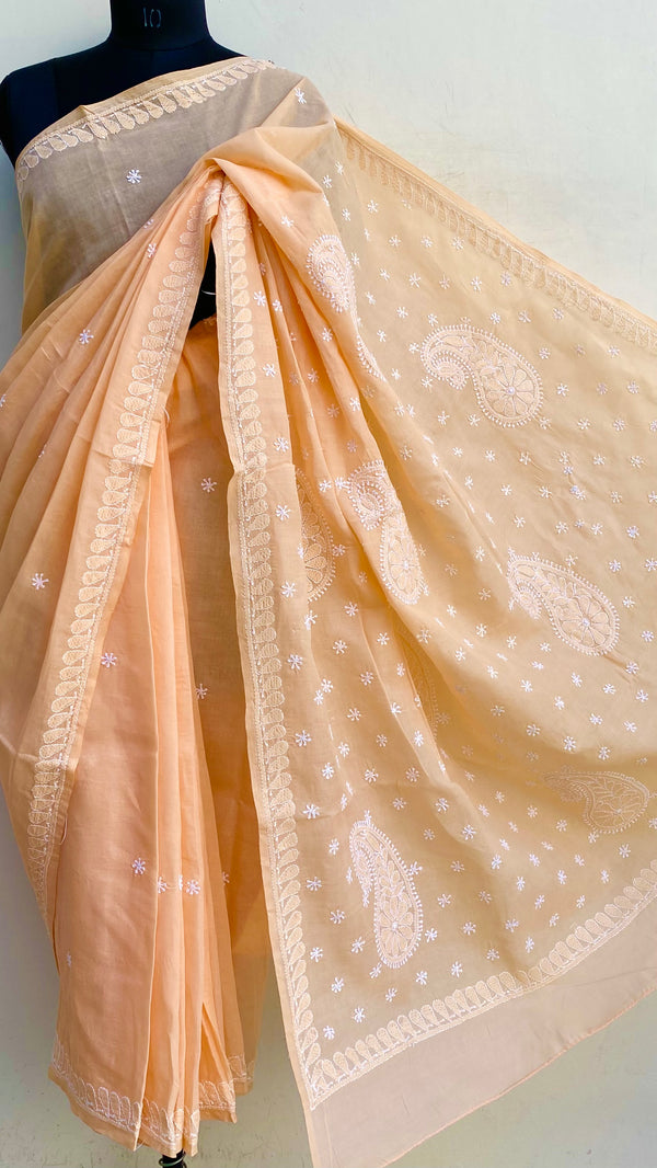 Lucknowi Chikankari Saree Peach Cotton