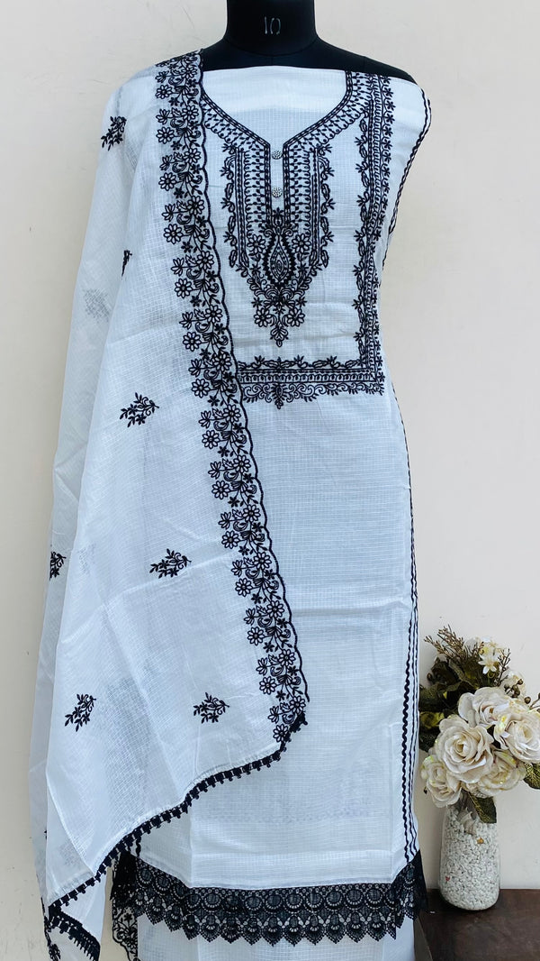 Designer Embroidered Suit Length 3 Piece White Kota