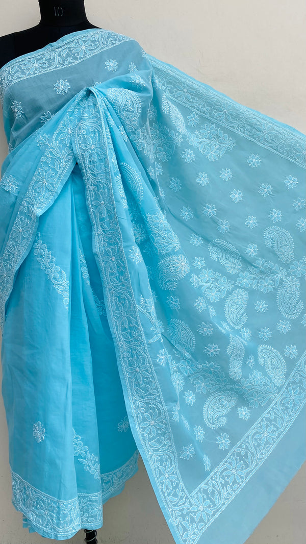 Lucknowi Chikankari Saree Blue Cotton