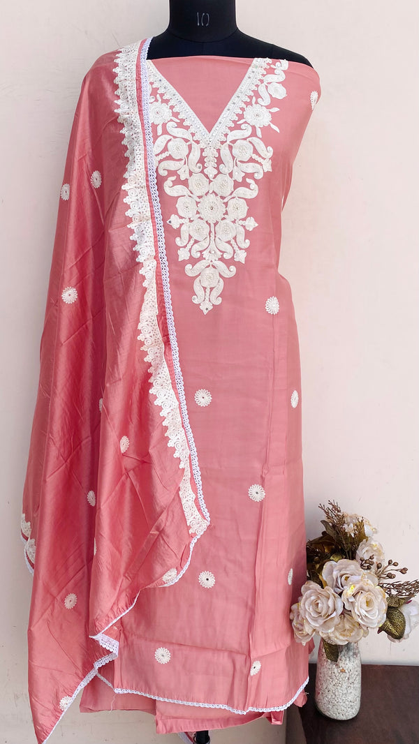 Designer Embroidered Suit Length 3 Piece Pink Muslin Cotton With Pearl Work