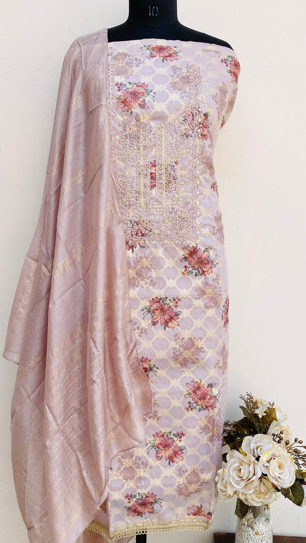 Designer Embroidered Suit Length 3 Piece Pink Mal Chanderi With Stone & Sequence Work