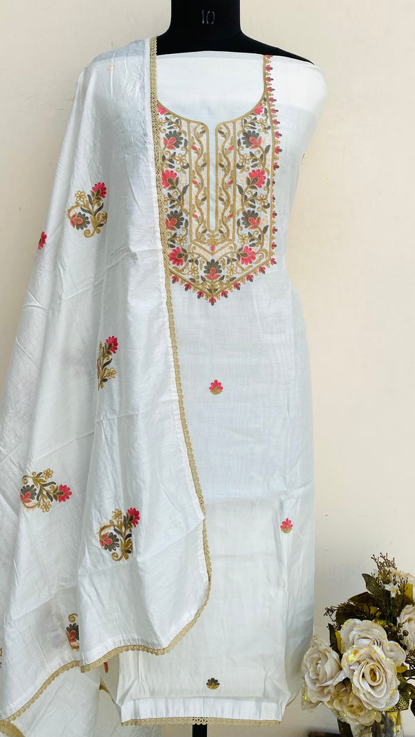 Designer Embroidered Suit Length 3 Piece White Muslin Cotton