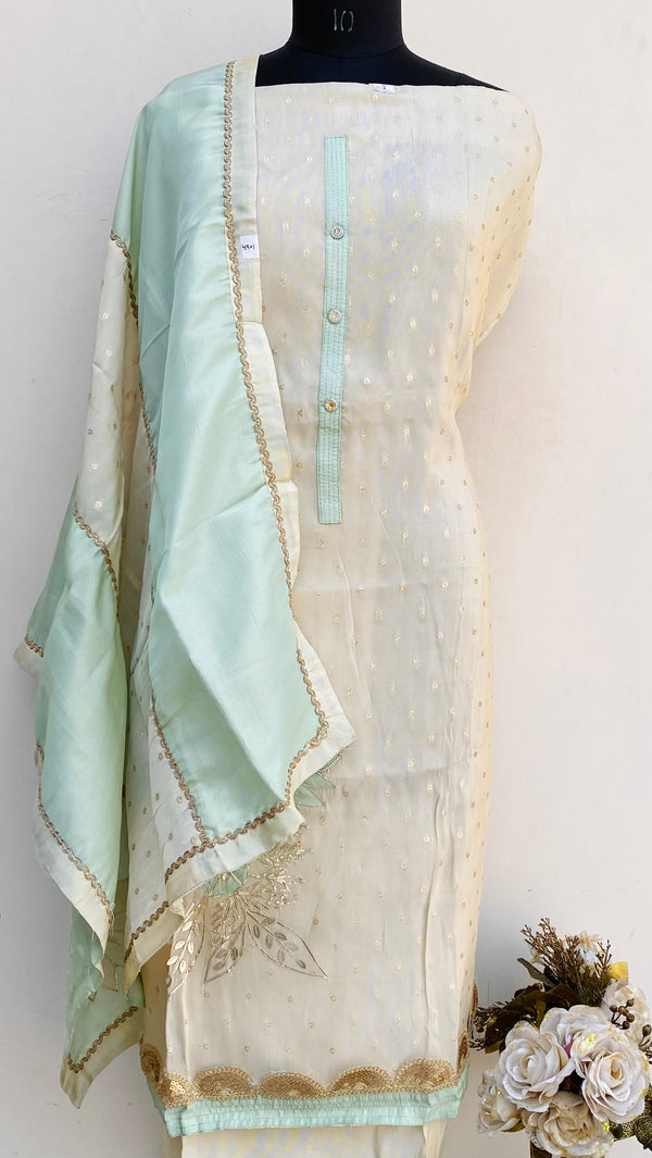 Designer Embroidered Suit Length 3 Piece Beige Tissue With Sequence Work