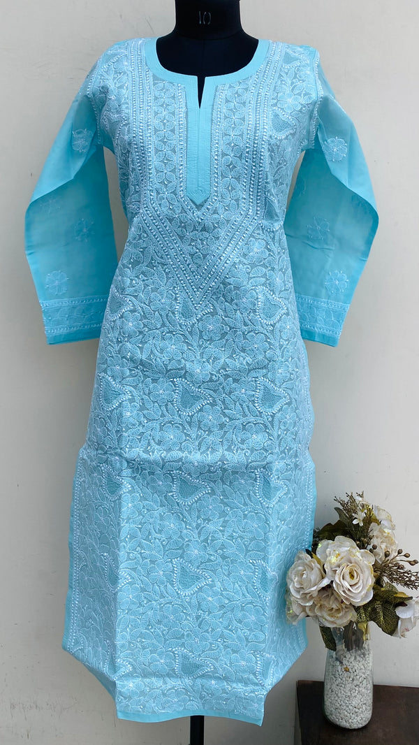 Lucknowi Chikankari Kurti Blue Cotton With Jaali Work