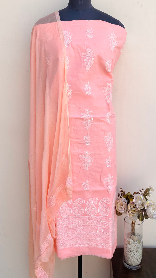 Lucknowi Chikankari Suit Length 3 Piece Peach Cotton