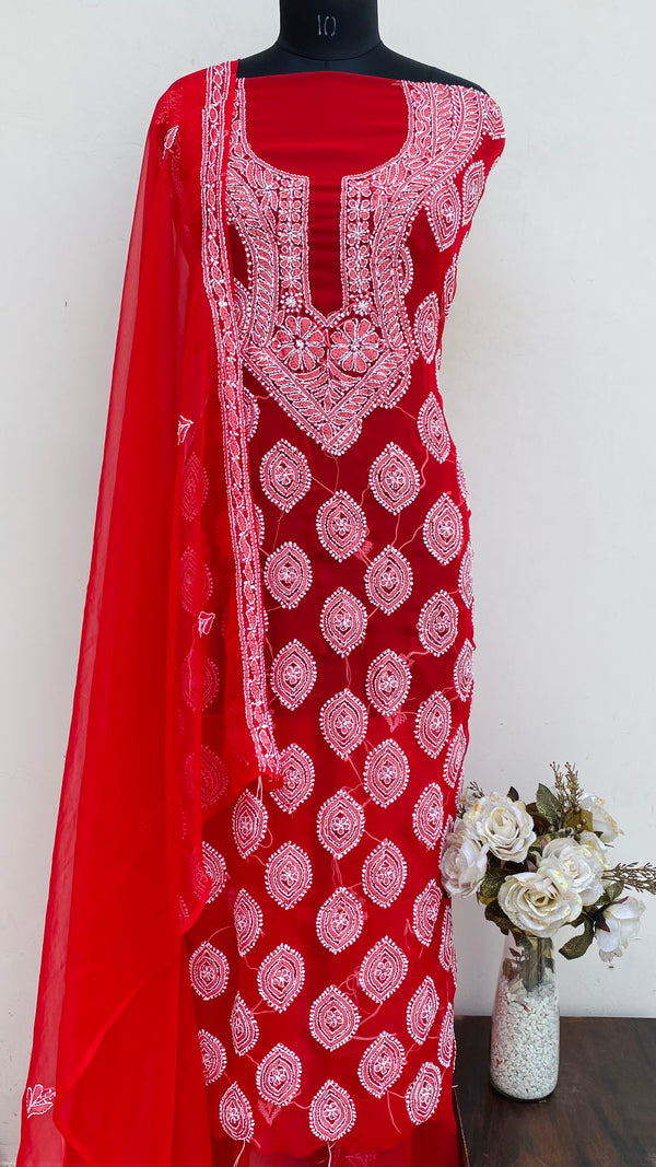 Lucknowi Chikankari Suit Length 3 Piece Red Georgette