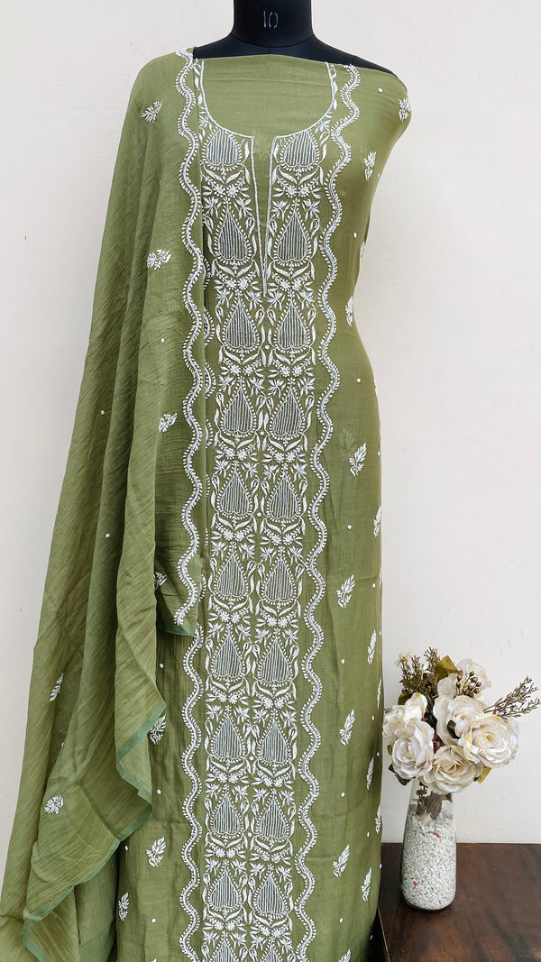 Lucknowi Chikankari Suit Length 2 Piece Green Mal Chanderi With Cutdana & Pearl Work
