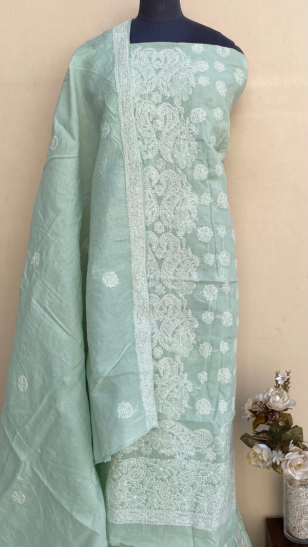 Lucknowi Chikankari Suit Length 3 Piece Teal Green Cotton With Embroidered Cotton Dupatta