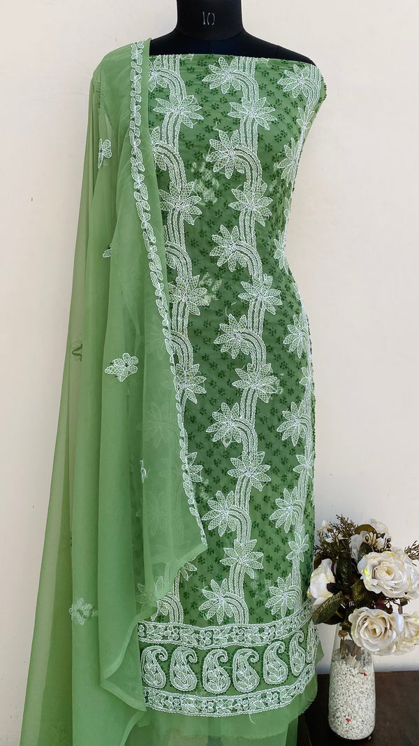 Lucknowi Chikankari Suit Length 3 Piece Green Georgette